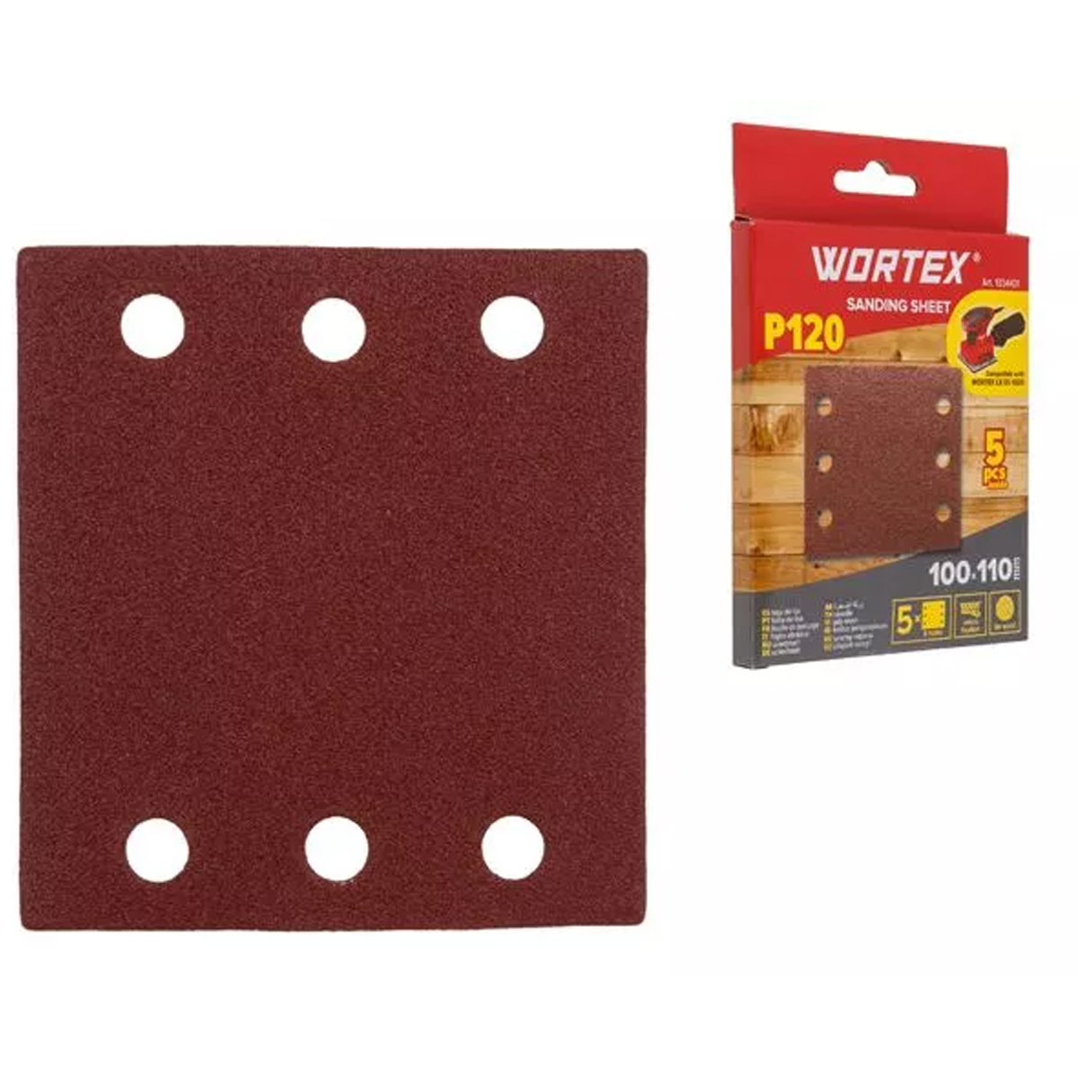 Шлифлист 100х110мм Р120 д/дерева самосцепл. 6 отв. 5шт WORTEX, арт.1334431