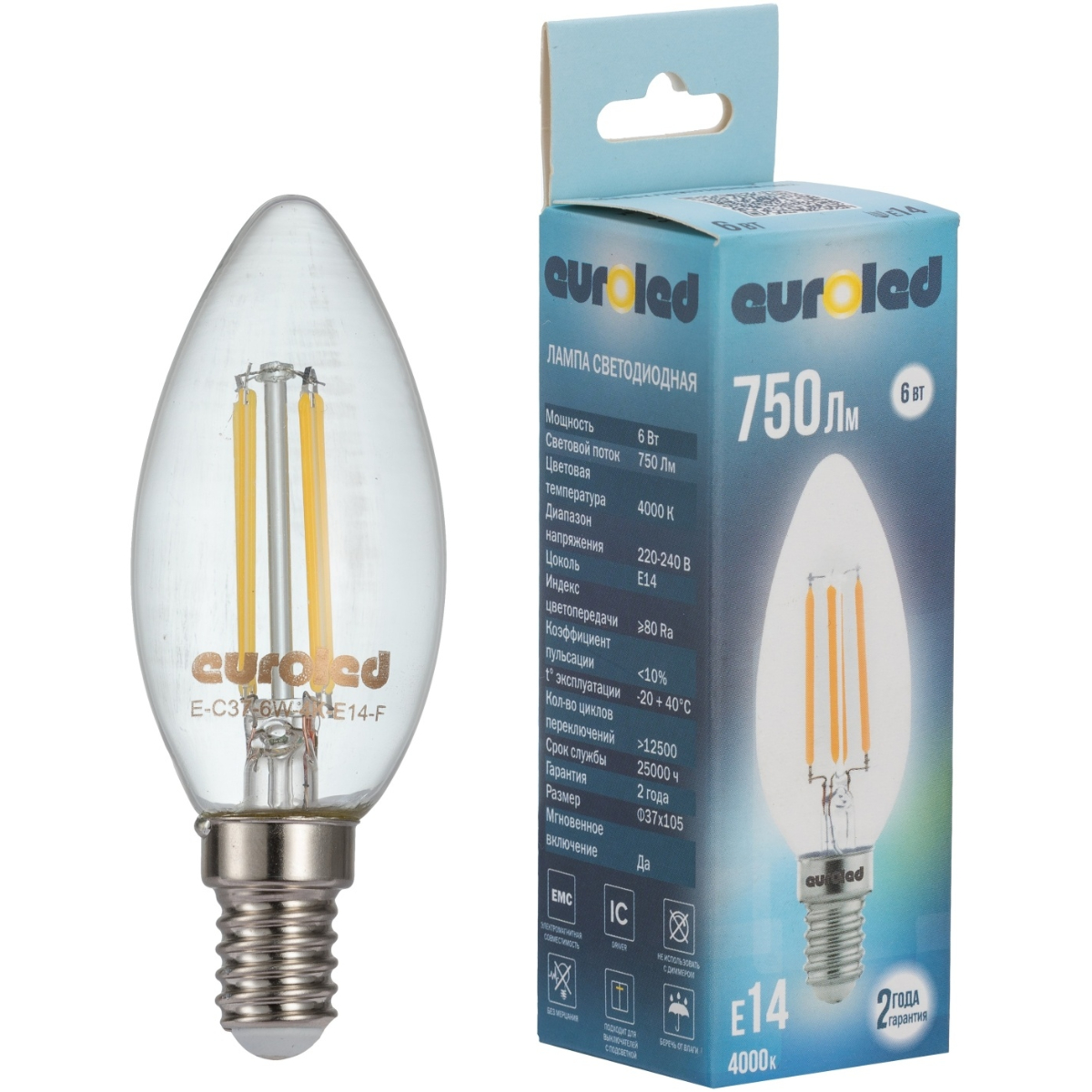 Лампа светодиодная Euroled C37 6W 4000K E14 прозрачная