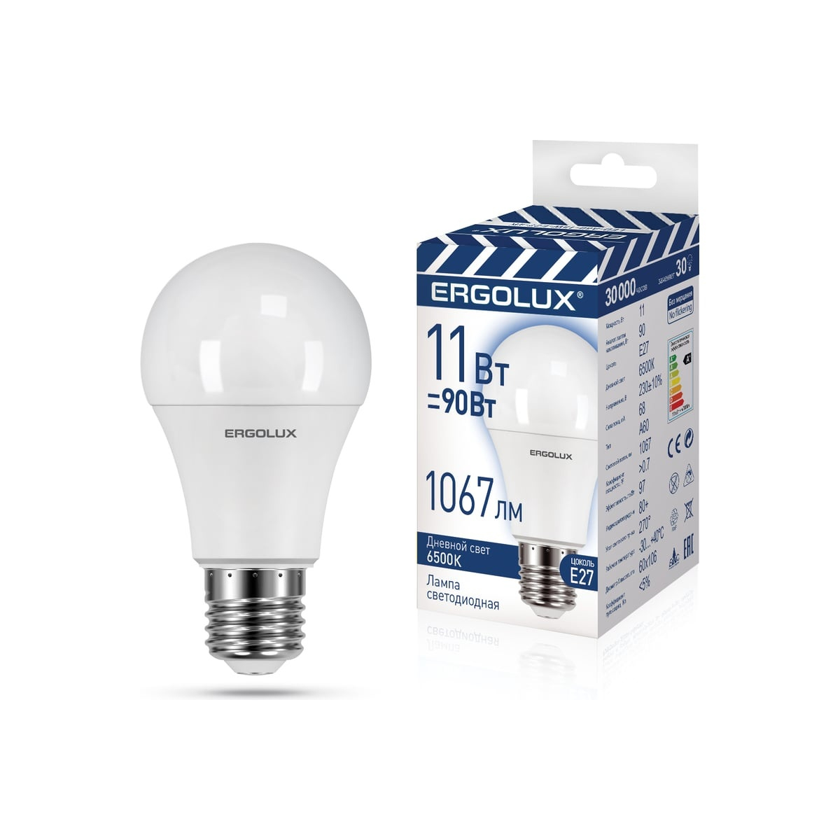 Лампа светодиодная Ergolux LED-A60-11W-E27-6K (ЛОН 11Вт Е27 6500К 220-240В, ПРОМО) 14724