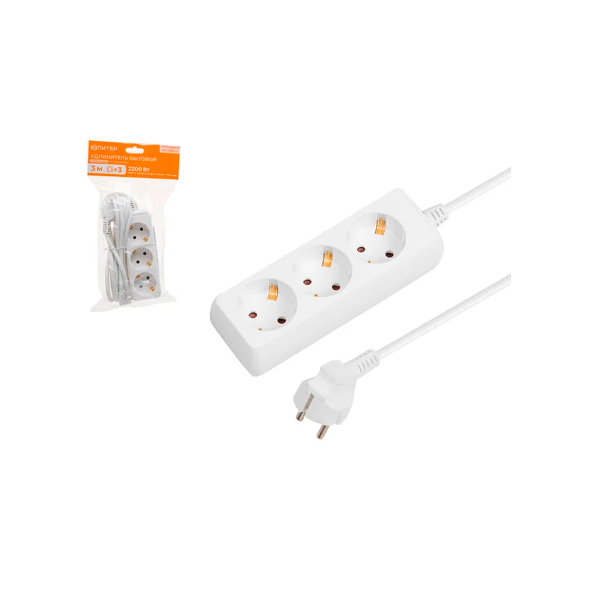 Удлинитель 3м (3 роз., 2,2кВт, с/з, ПВС 3х0,75) Юпитер, арт.JP8102-23