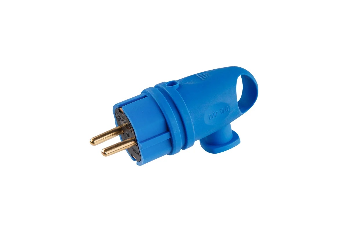 Вилка угловая с ушком (с/з, 16А, 250В) каучук, синяя Юпитер