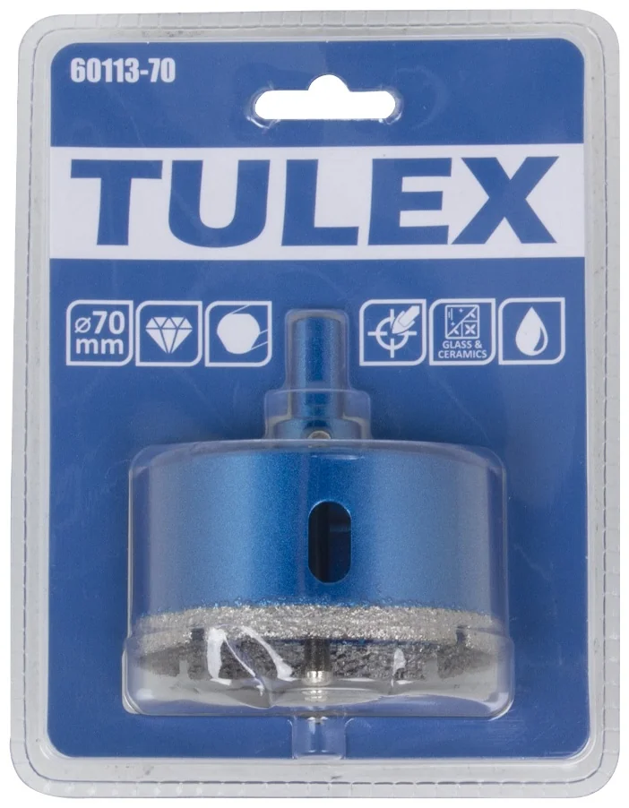 Коронка алмазная TULEX 60113-70 по стеклу и керам.плитке, центр.сверло, трехгранный хвостовик, 70мм