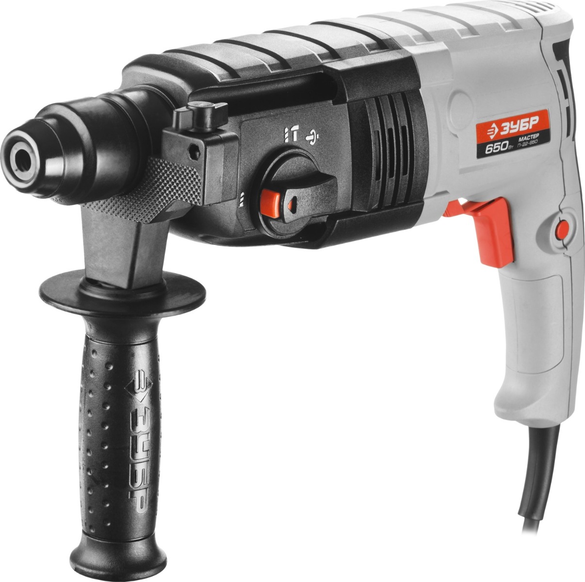 Перфоратор SDS-plus, ЗУБР П-22-650, реверс, горизонтальный, 2.3 Дж, 0-870 об/мин, 0-4850 уд/мин, 650