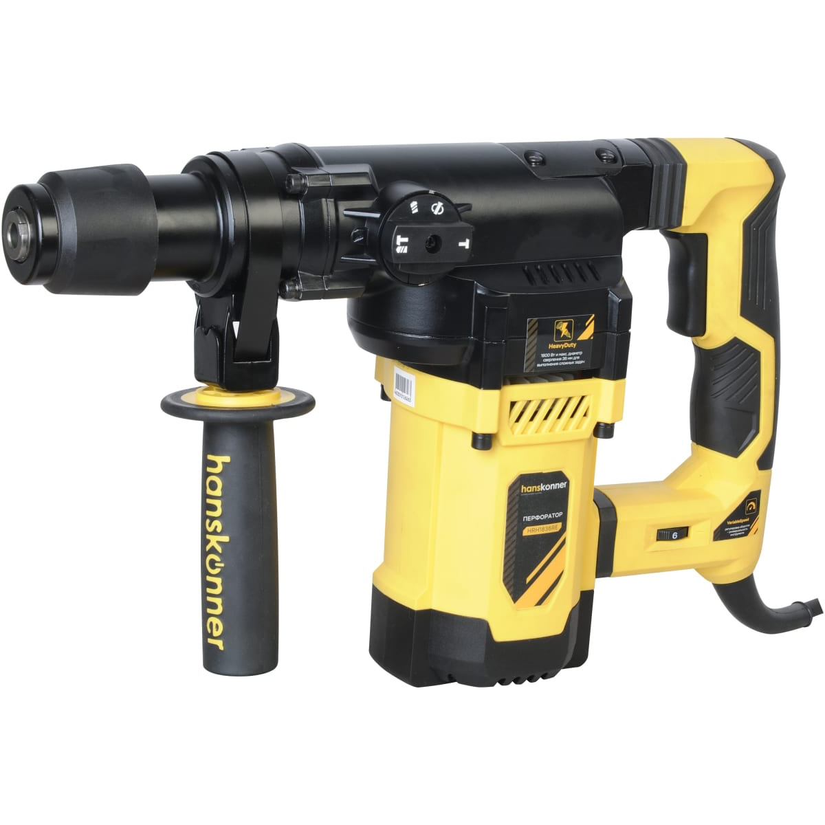 Перфоратор Hanskonner HRH1836RE, 1800Вт, 36мм, 3 реж, 7Дж, 0-890 об/мин, вертикал. 4м каб. кейс