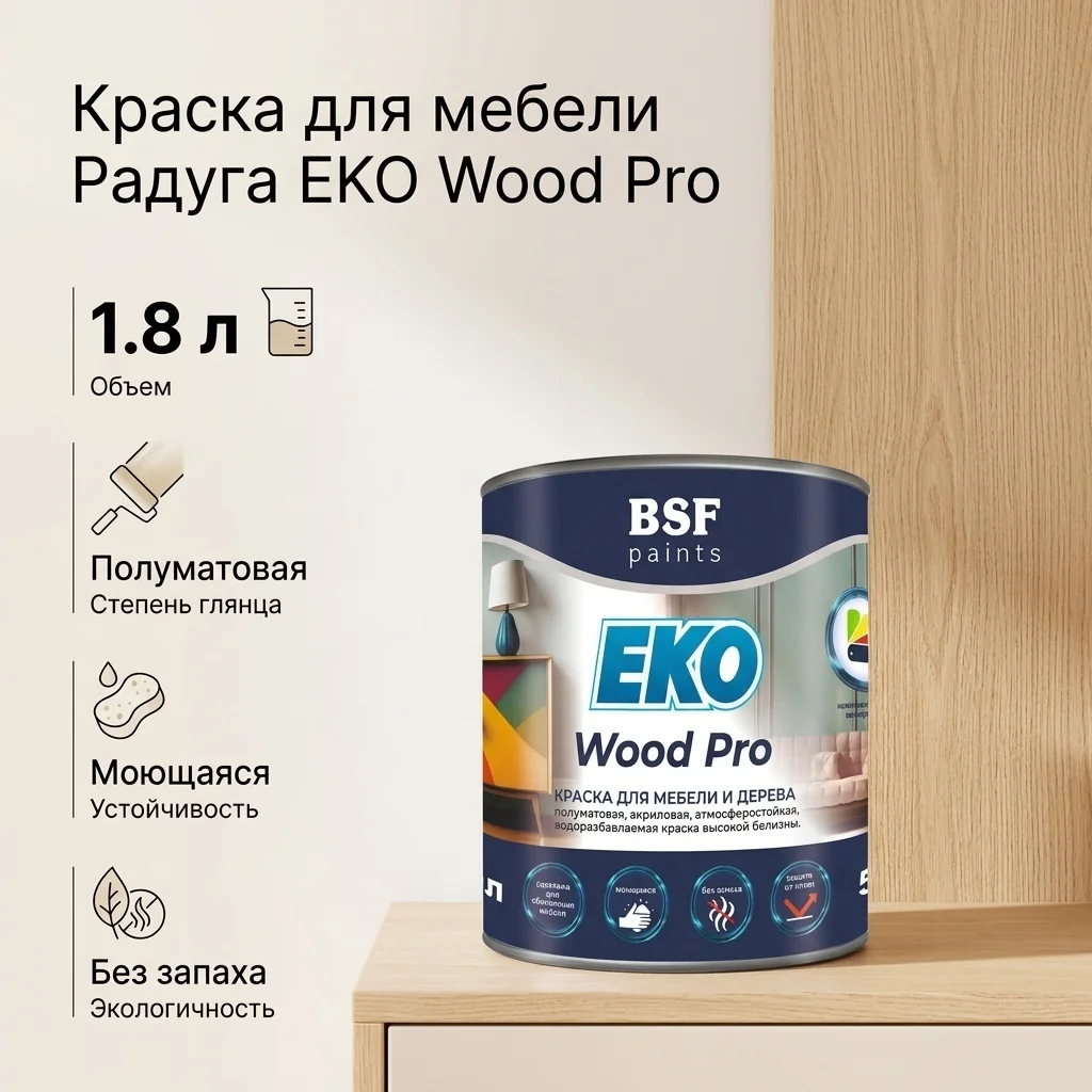 Краска "Радуга EKO Wood Pro" акриловая полуматовая, атмосферостойкая для мебели и дерева, 1.8 л , шт