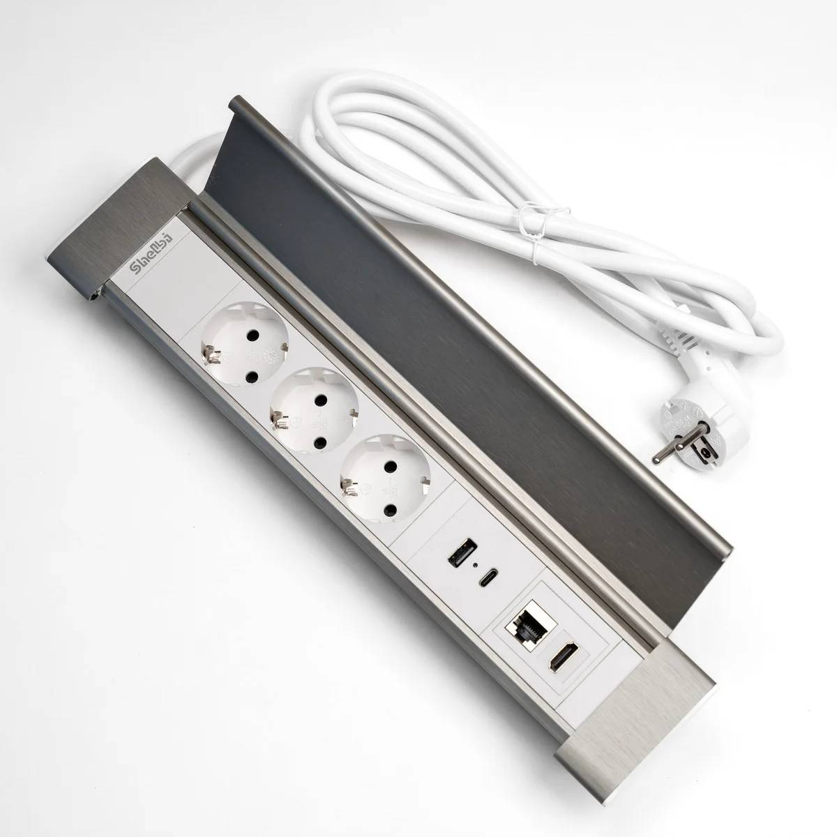 Блок настольный с крышкой, 3 розетки 200B, 1 USB, 1 Type-C, RJ45, HDMI, серебро