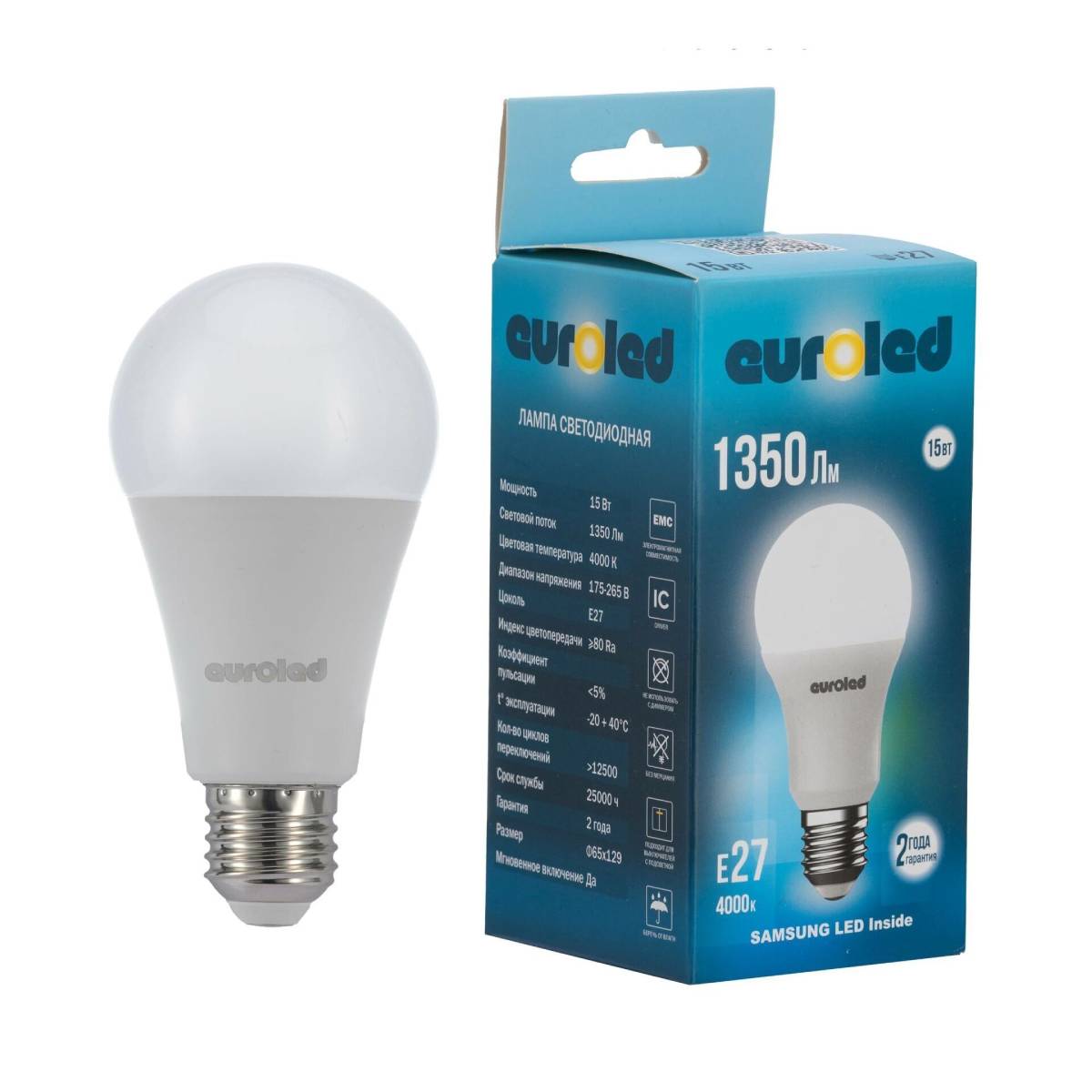 Лампа светодиодная Euroled A65 15W 4000K Е27 матовая