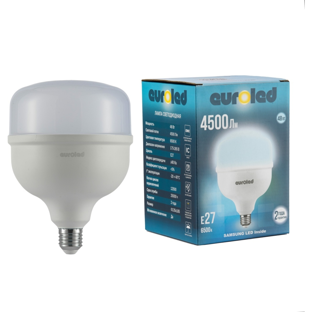 Лампа светодиодная Euroled T135 48W 6500K E27 матовая