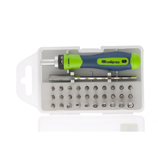 Отвертка реверсивная для точных работ с набором бит и торцевых головок, удлинитель, 32 предм., CrV//