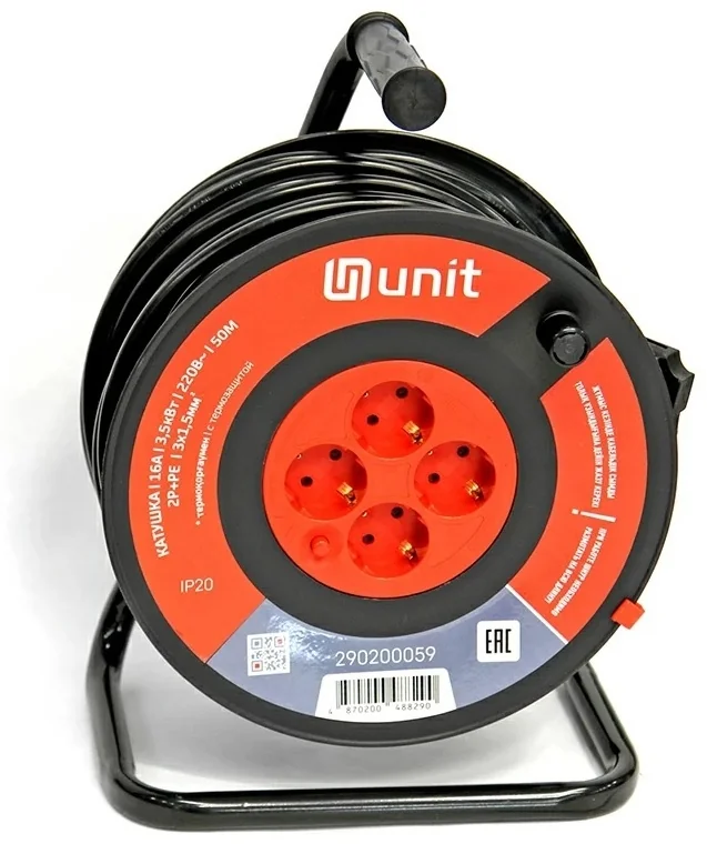Катушка (4места 2p+pe 3х1,5мм2, 16А/3,5кВт/220В с термозащитой IP20) UNIT 50м. (1) NEW