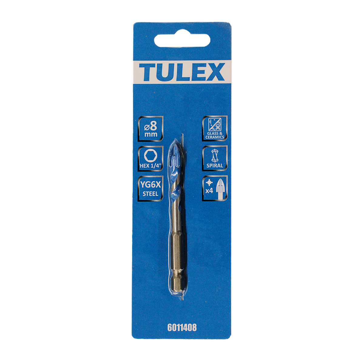 Сверло TULEX 6011408 по кафелю,керамике,стеклу,с пылеудалением,4 реж,лезвия,6-гр хв.,1/4,8мм(1шт/уп)