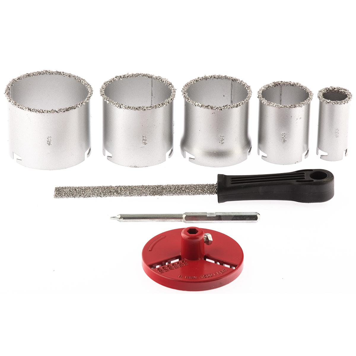 Набор коронок по керамич. плитке, 33-53-67-73-83 мм + напил., в пласт.боксе, 6-гран.хвост.// MTX