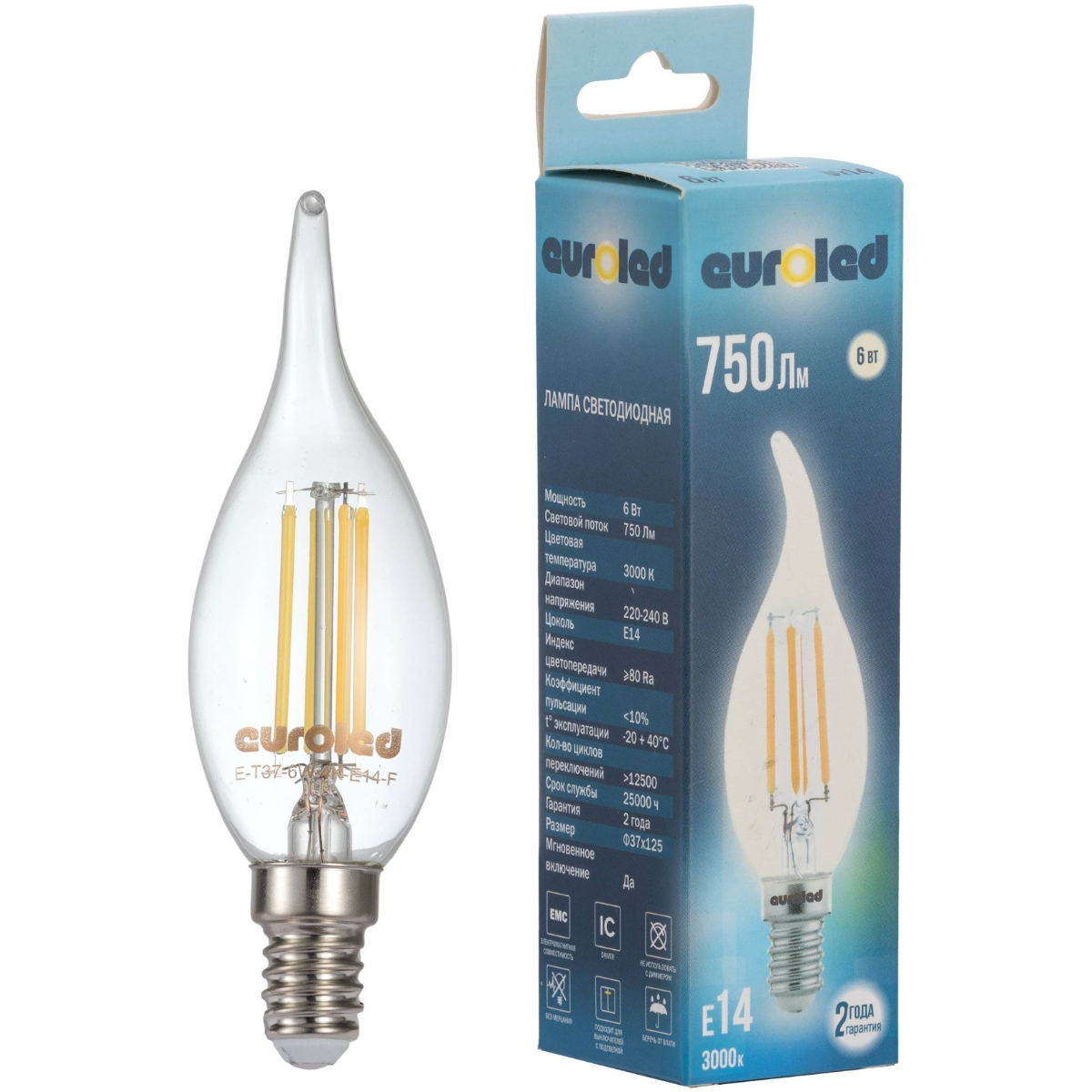 Лампа светодиодная Euroled T37 6W 3000K E14 прозрачная