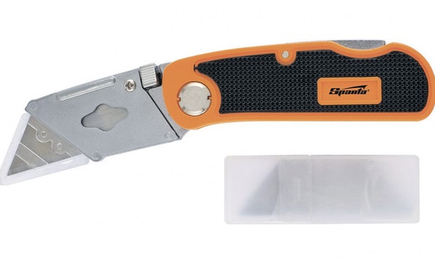 Нож, 18 мм, складной, пластиковая двухкомп рукоятка ,сменное трапециевидное лезвие,+5 лезв.// Sparta