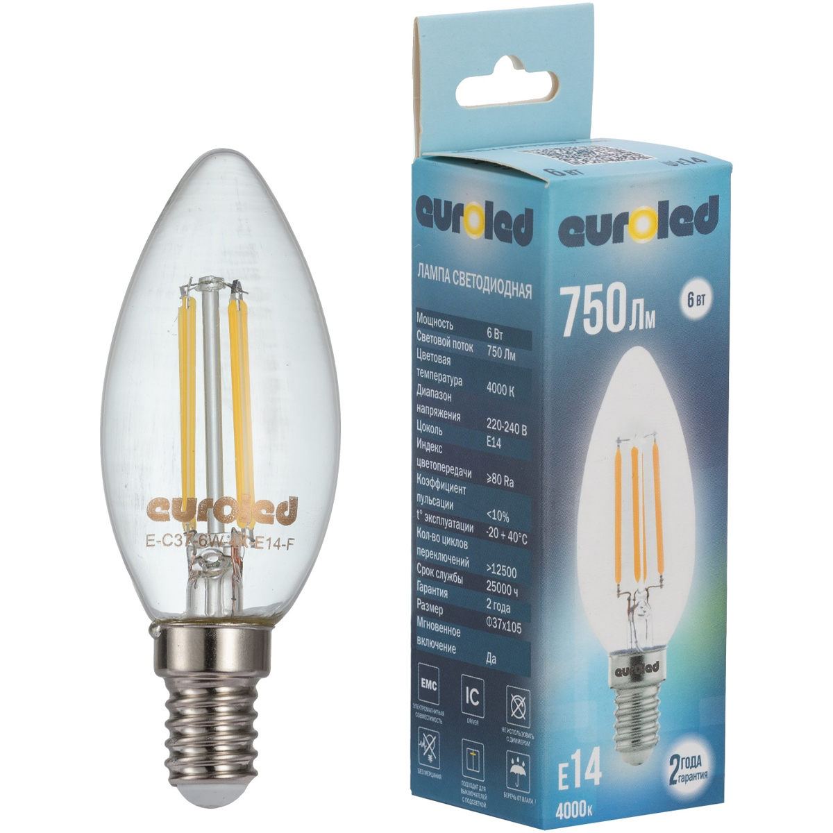 Лампа светодиодная Euroled C37 6W 3000K E14 прозрачная