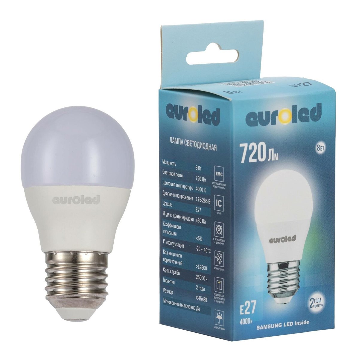 Лампа светодиодная Euroled G45 8W 4000K Е27 матовая