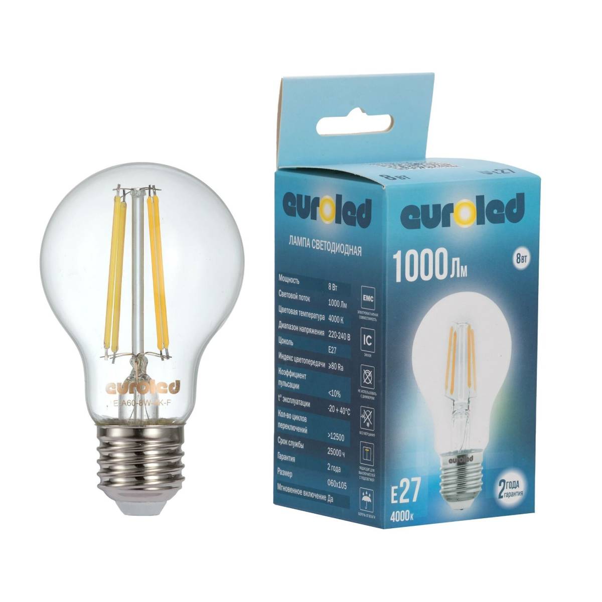 Лампа светодиодная Euroled A60 8W 4000K E27 прозрачная