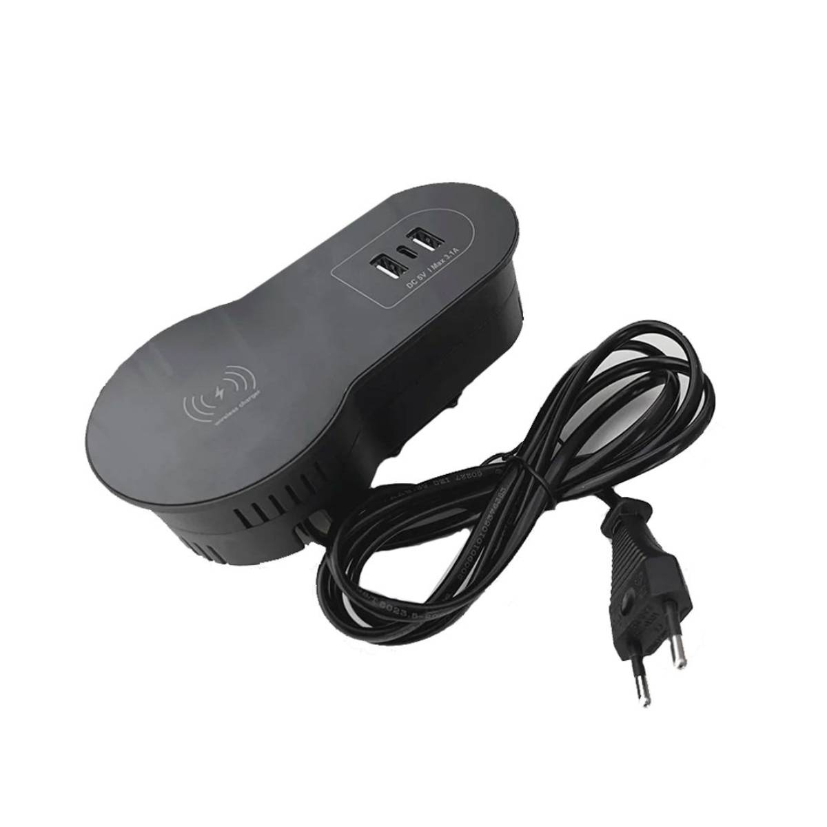 Бокс настольный встраиваемый 2 USB, 1 Type-C, беспроводная зарядка, шнур 1,5 м., чёрный