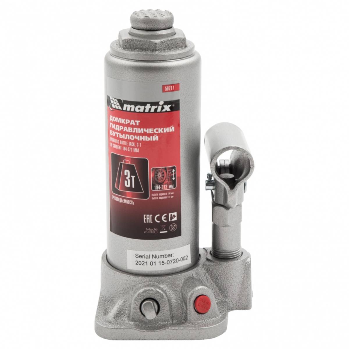 Домкрат гидравлический бутылочный, 3 т, h подъема 194-372 мм// Matrix