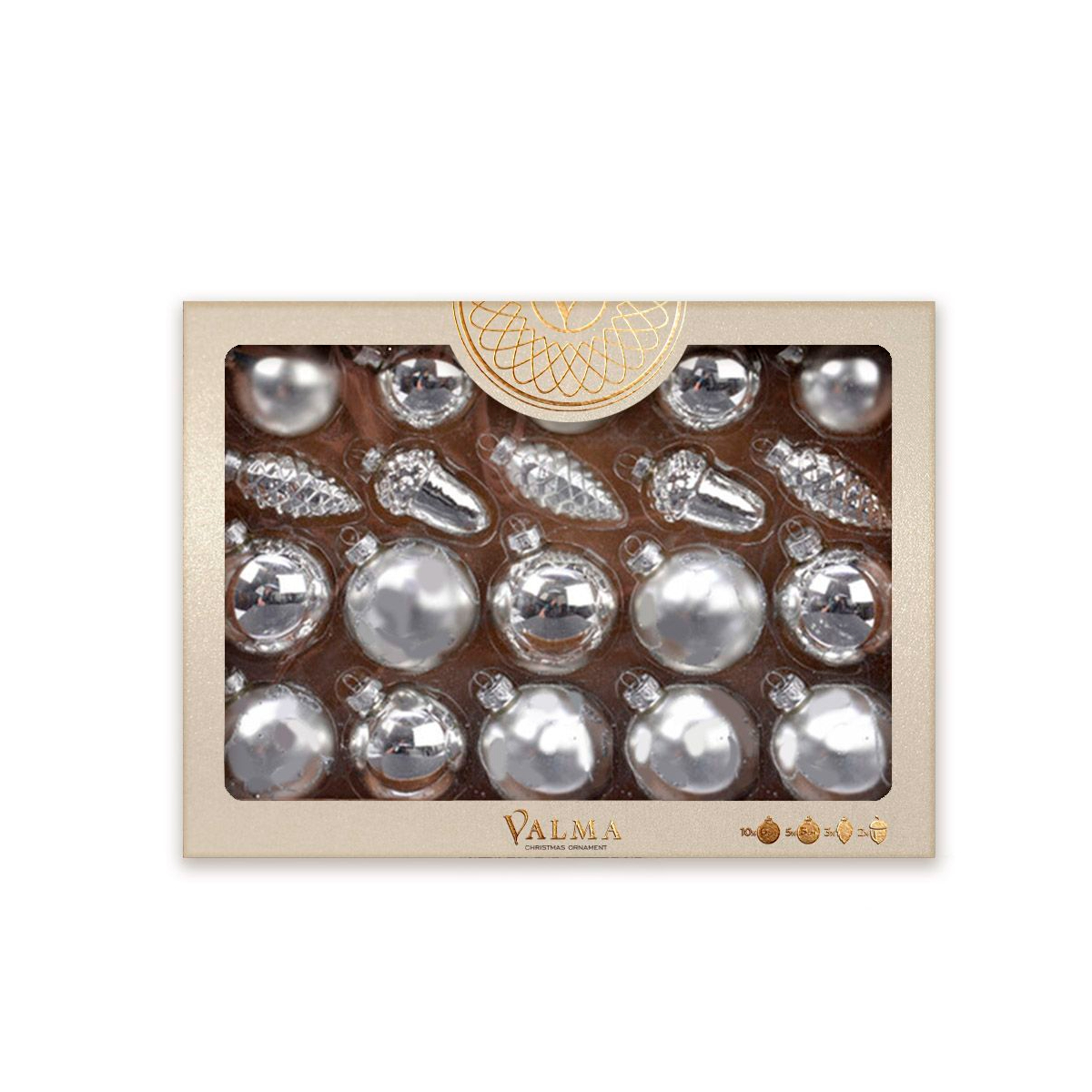 Набор елочных украшение из стекла VALMA 20 штук (10 шт-6 см, 5шт-5 см, 3 шишки-5x3 см, 2 желудя-4,5x