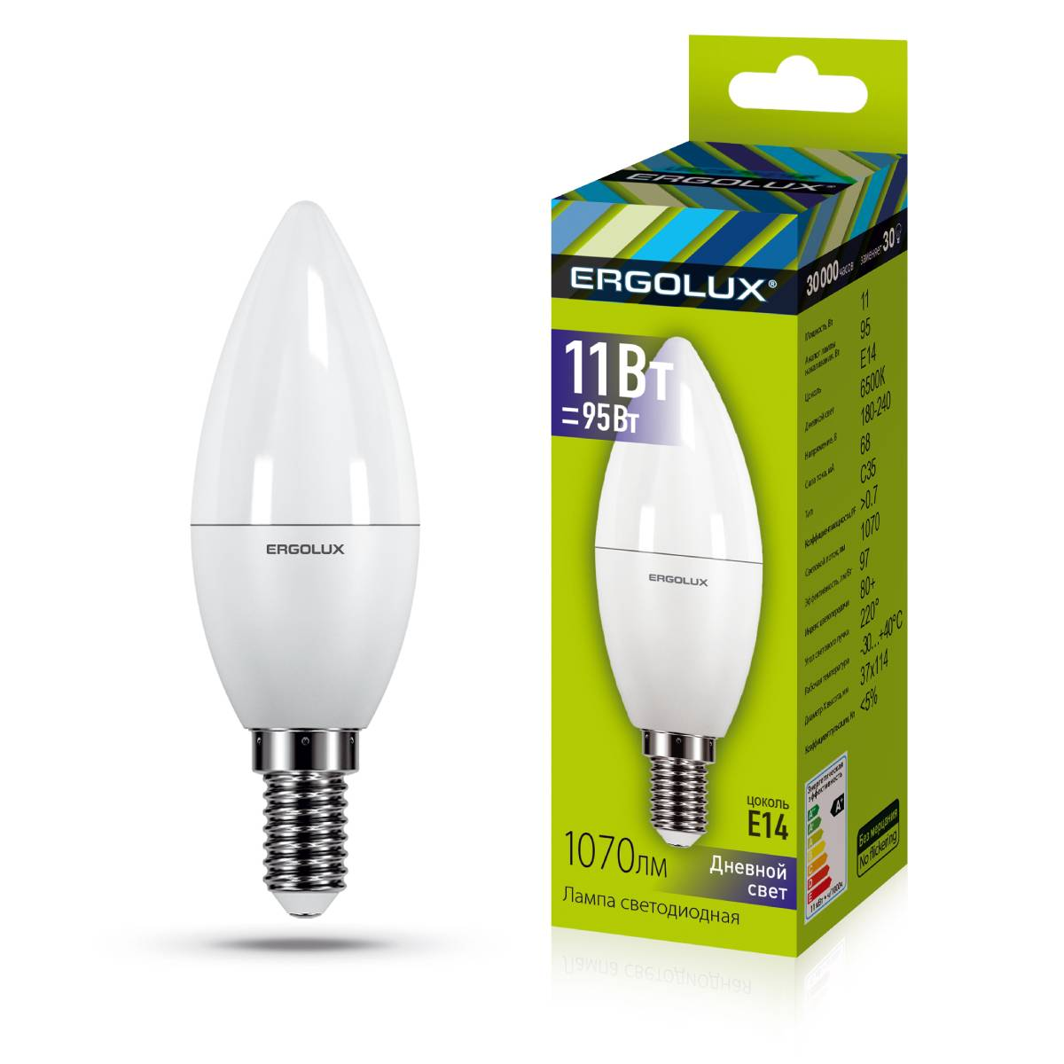 Лампа Ergolux LED-C35-11W-E14-6K (Эл.лампа светодиодная Свеча 11Вт E14 6500K 180-240В) 13620