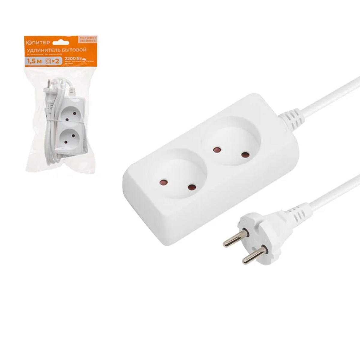 Удлинитель 1,5м (2 роз., 2,2кВт, б/з, ПВС 2х0,75) Юпитер, арт.JP8101-20