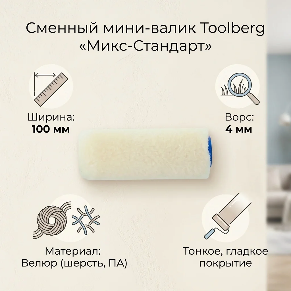 Мини-валик сменный "Микс-Стандарт", велюр 4/100/15мм, D6мм, Toolberg 0220052