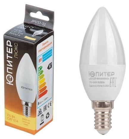 Лампа светодиодная C37 СВЕЧА 7,5 Вт 170-240В E14 3000К ЮПИТЕР ЛЮКС