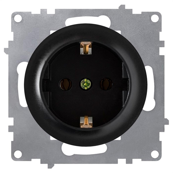 Розетка с заземлением, защитные шторки, винтовые контакты, цвет чёрный (серия Florence)