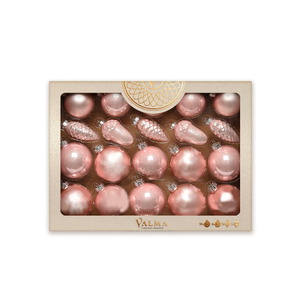 Набор елочных украшение из стекла VALMA 20 штук (10 шт-6 см, 5шт-5 см, 3 шишки-5x3 см, 2 желудя-4,5x