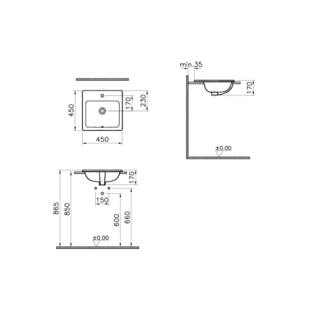 Раковина накладная Vitra S20 квадратная 45 cм, c переливом, цвет белый (5463B003-0001)
