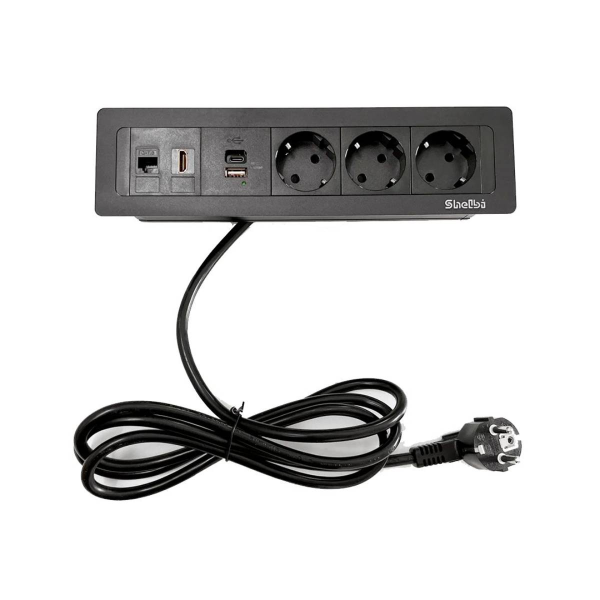 Блок настольный встраиваемый на 3 розетки 200B, USB, Type-C, RJ45, HDMI, чёрный