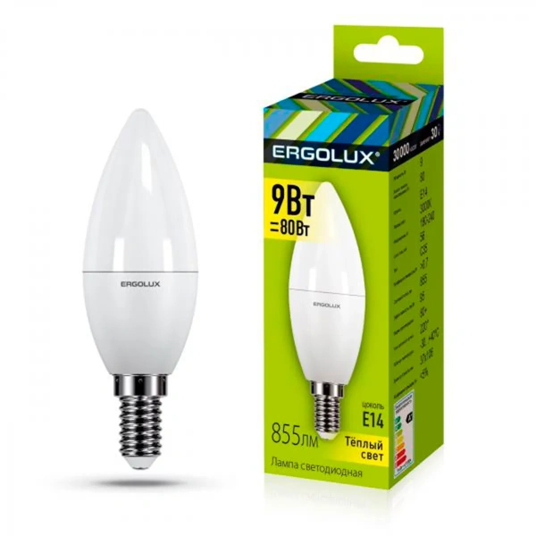 Лампа Ergolux LED-C35-9W-E14-3K (Эл.лампа светодиодная Свеча 9Вт E14 3000K 172-265В) 13167