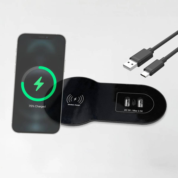 Бокс настольный встраиваемый 2 USB, 1 Type-C, беспроводная зарядка, шнур 1,5 м., чёрный