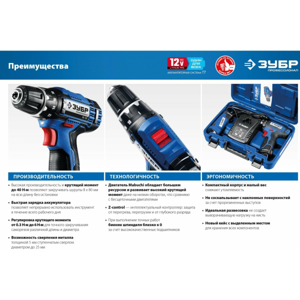 Дрель-шуруповерт ЗУБР Профессионал DL-121-22F 40 Н-м, 2 скорости 2 АКБ. 12В, 2 А-ч. Кейс, фонарь