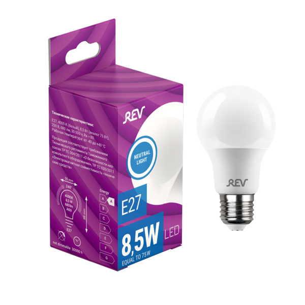 Лампа Rev сд A60 Е27 8,5W, 4000K, холодный свет 32380 8