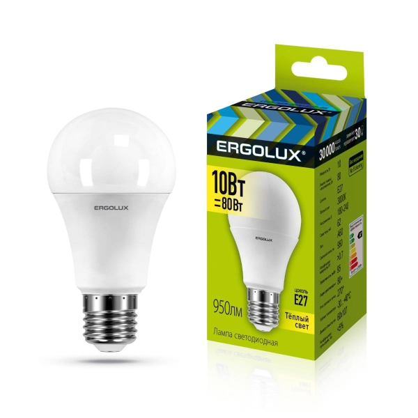 Лампа Ergolux LED-A60-10W-E27-3K (Эл.лампа светодиодная ЛОН 10Вт E27 3000K 180-240В) 12148