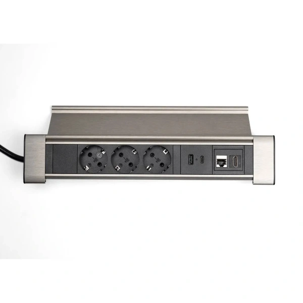 Блок настольный с крышкой, 3 розетки 200B, 1 USB, 1 Type-C, RJ45, HDMI чёрный