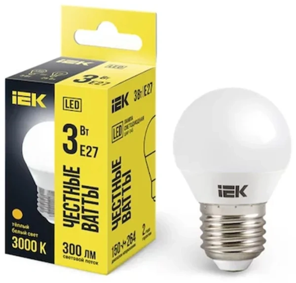 Лампа светодиодная G45 шар 3Вт 230В 3000К E27 IEK LLE-G45-3-230-30-E27
