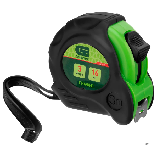 Рулетка Графит,обрезиненный корпус,амортизатор,3 м х 16 мм Сибртех