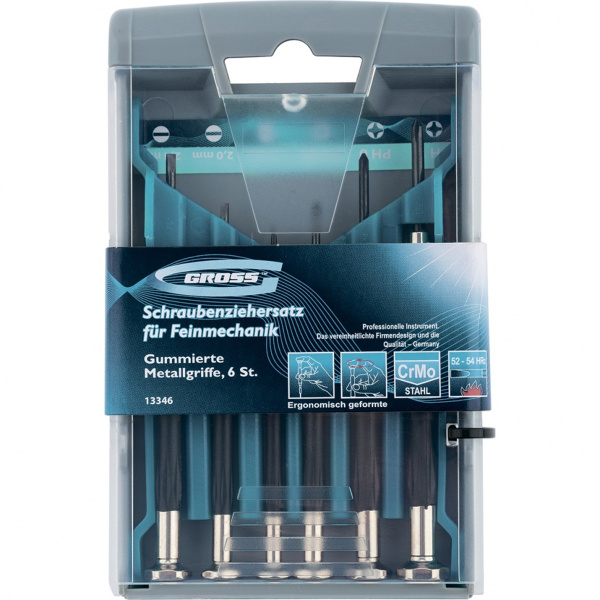 Набор отверток GROSS 6шт для точной механики CrMo метал.обрезин. рукоятки бокс - трансформер