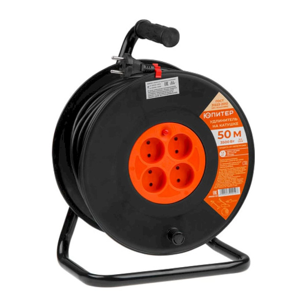 Удлинитель на катушке 50м (4 роз., 3,5кВт, б/з, ПВС 2х1,5) Юпитер, арт.JP8403-03