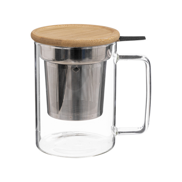 Кружка стеклянная SG с заварочным ситечком и бамбуковой крышкой 188843