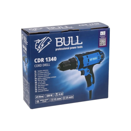Дрель-шуруповерт BULL CDR 1340 в кор. 320 Вт, 41 Н*м, 2 скор., БЗП(мет.) 13 мм, 4 метра кабель
