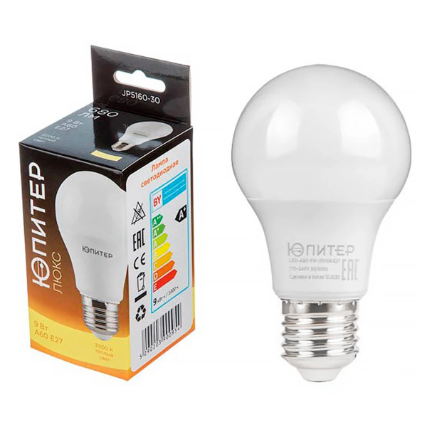 Лампа светодиодная A60 СТАНДАРТ 9 Вт 170-240В E27 3000К ЮПИТЕР ЛЮКС, арт.JP5160-30