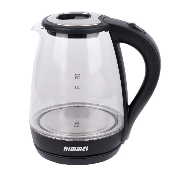 Чайник HIMMEL KB-2018, 1,8 л, 1500 Вт, закрытый нагревательный элемент, стекло пластик, черный