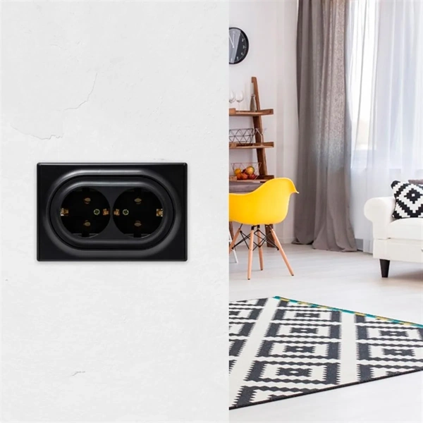 Розетка двойная, в сборе, с заземлением винтовые контакты, цвет чёрный (серия Florence)