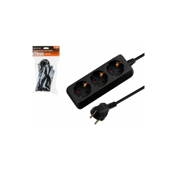 Удлинитель 3м (3 роз., 2,2кВт, с/з, ПВС 3х0,75) черный, Юпитер, арт.JP8102-29