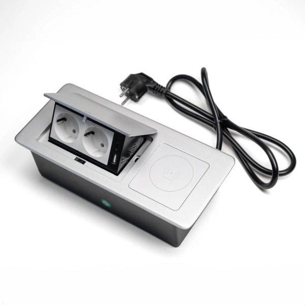 Бокс настольный на 2 розетки 200B, 1USB, 1 Type-C, беспр. зарядка, 1,5 м., серебро