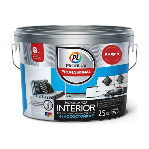 Краска водоэмульсионная "ProfiluxProfessional" INTERIOR МОЮЩАЯСЯ латексная для стен и потолков база  Краска водоэмульсионная "ProfiluxProfessional" INTERIOR МОЮЩАЯСЯ латексная для стен и потолков база